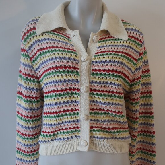 Womens Zara Ivory Rainbow Striped Open Knit Pointelle Cardigan Sweater S - Picture 6 of 15